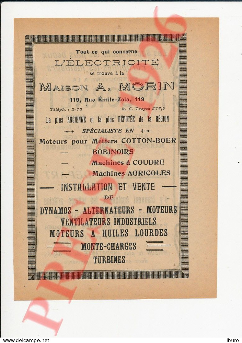 Publicité 1926 Cornet Maroquinerie Troyes + Maison A. Morin Electricité Moteurs Cotton-Boer - Non Classés