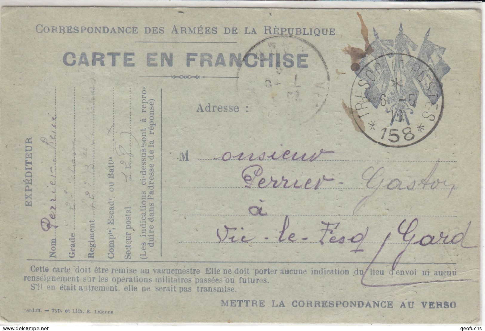 Carte En Franchise Militaire 14/18 Avec 3 Drapeaux, Superbe Cachet T Et P 158 Du 6.5.16 - 1. Weltkrieg 1914-1918