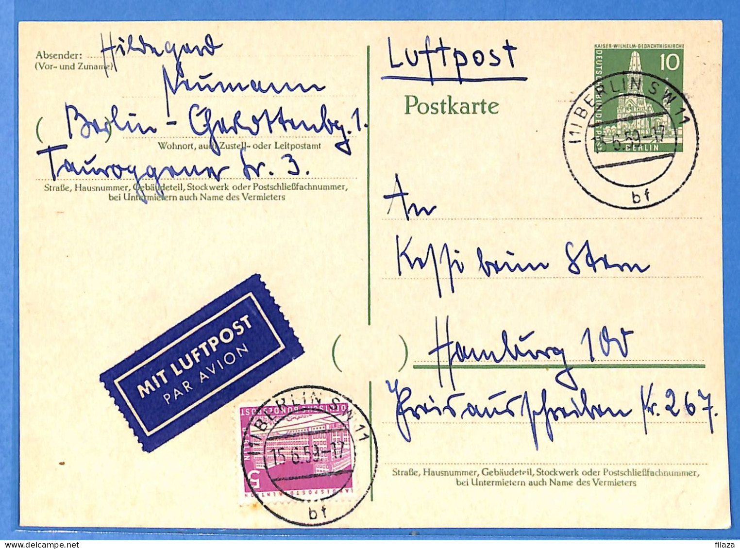 Berlin West 1959 - Entier Par Avion De Berlin - G31363 - Cartas & Documentos