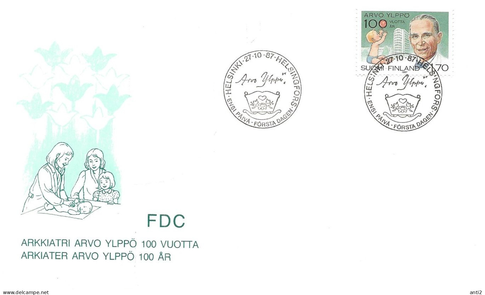 Finland   1987 100th Birth Anniversary Of Physician Arvo Ylppö.  Children's Hospital "Ladenlinna", Helsink Mi 1031   FDC - Briefe U. Dokumente