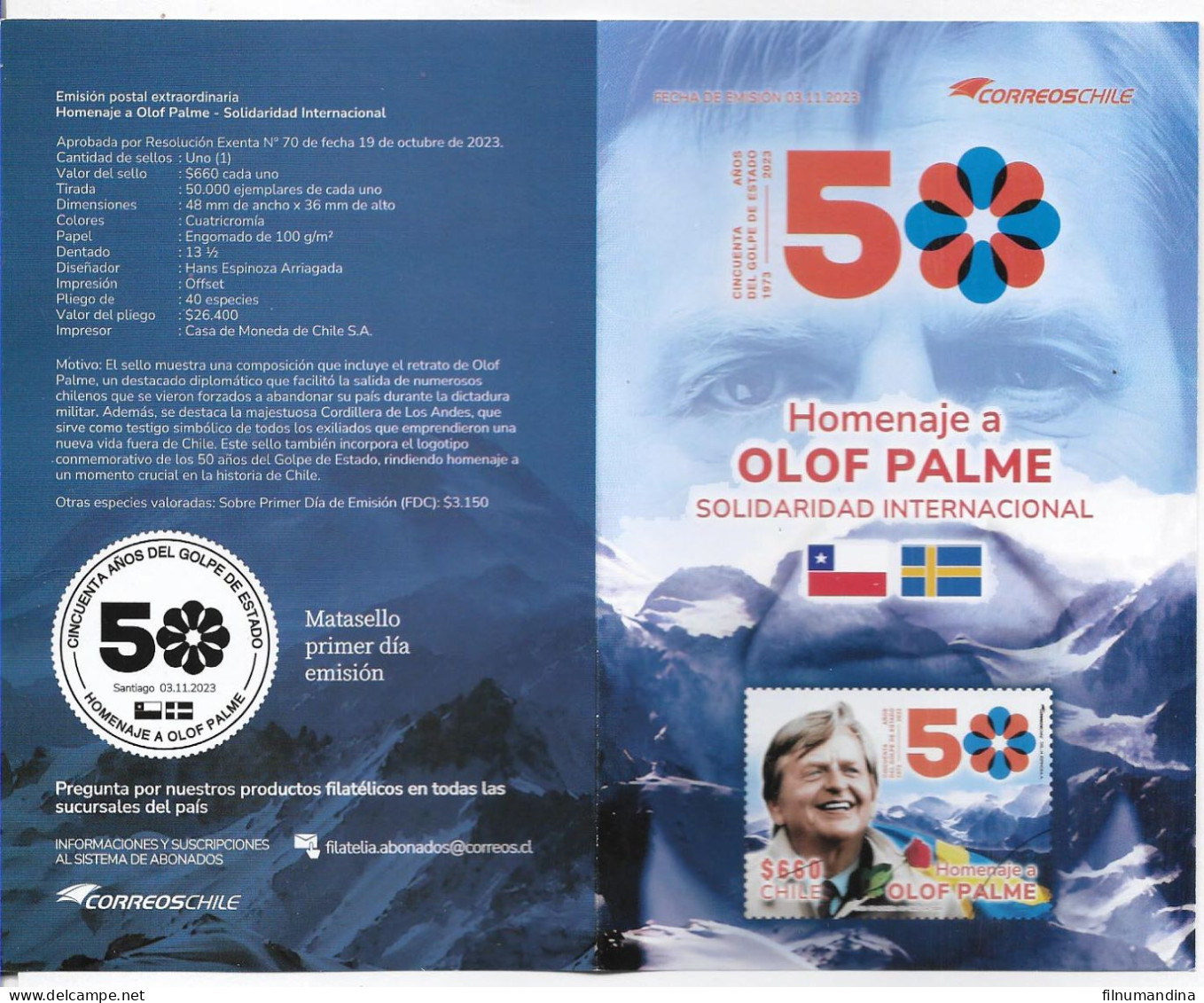 #2645 CHILE 2023 SWEDISH OLOF PALME INTERNATIONAL SOLIDARY POST OFFICIAL BROCHURE - Chile