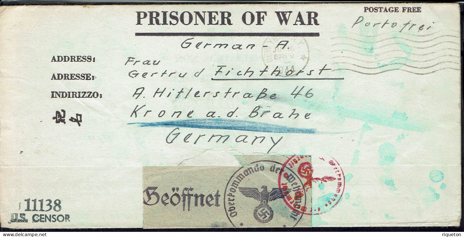 Etats-Unis. 1944. Prisoner Of War. Camp Fort Lewis Washington. Correspondance Pour L'Allemagne. Censure De La Wehrmacht. - Brieven En Documenten