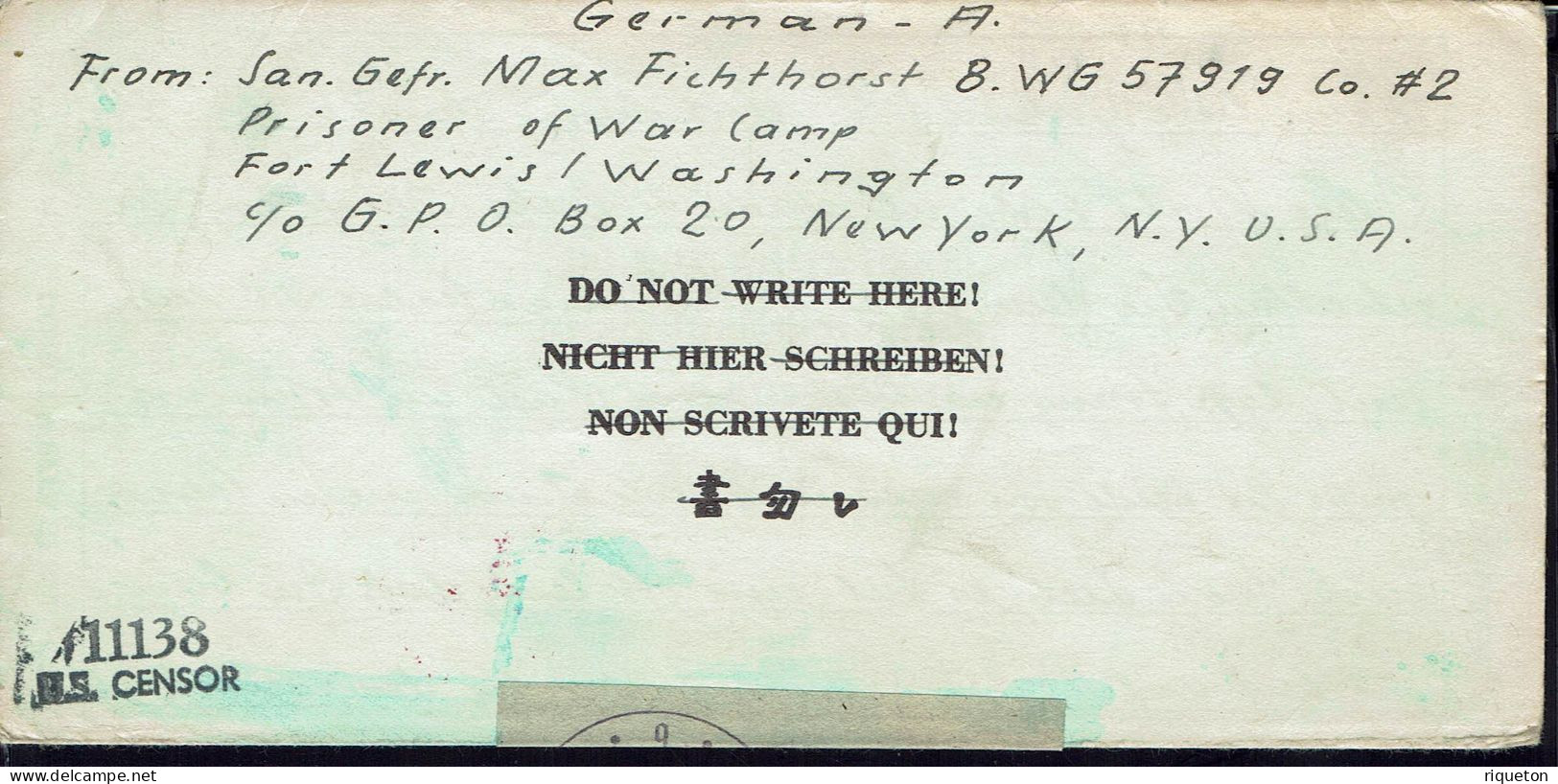 Etats-Unis. 1944. Prisoner Of War. Camp Fort Lewis Washington. Correspondance Pour L'Allemagne. Censure De La Wehrmacht. - Brieven En Documenten