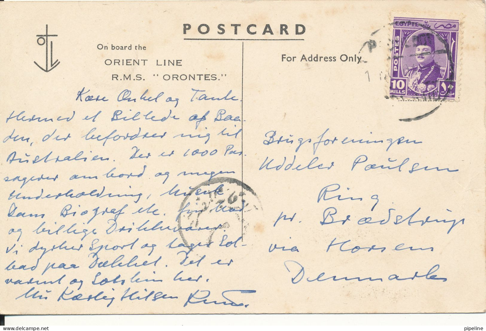 Postcard Sent To Denmark From Egypt On Board The Orient Line RMS Orontes - Steamers