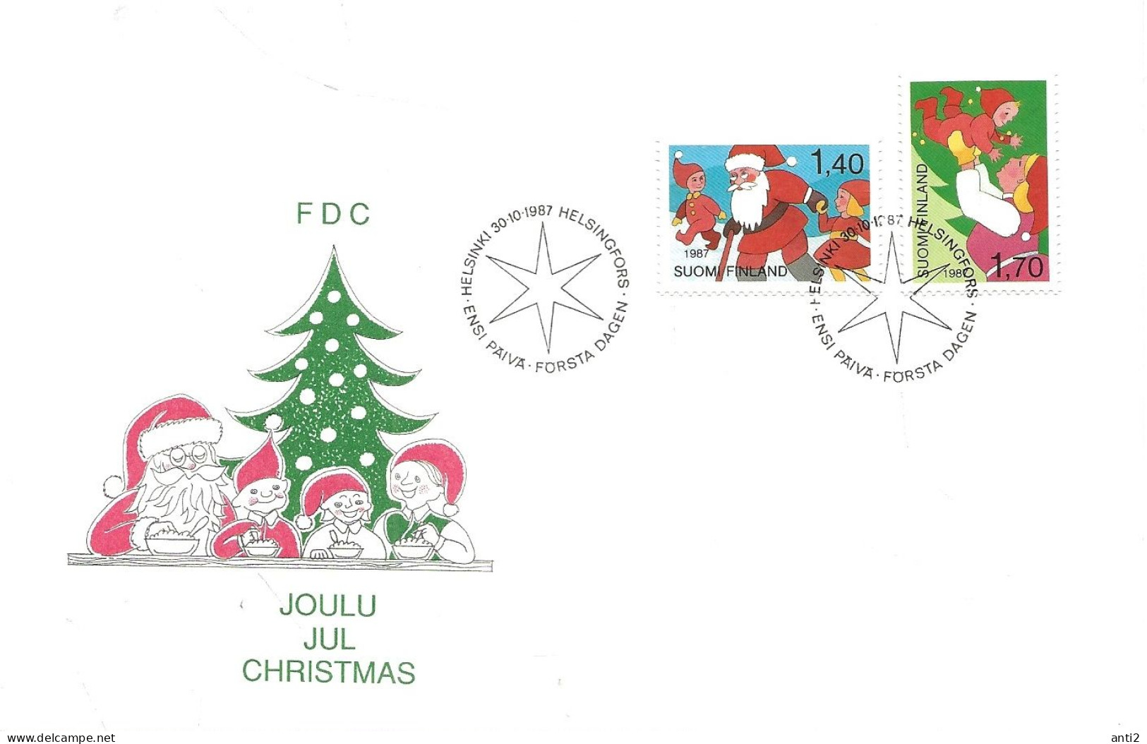 Finland   1987 Christmas, Santa With Christmas Gnomes.  Woman With Christmas Gnome Mi 1032-1033   FDC - Cartas & Documentos