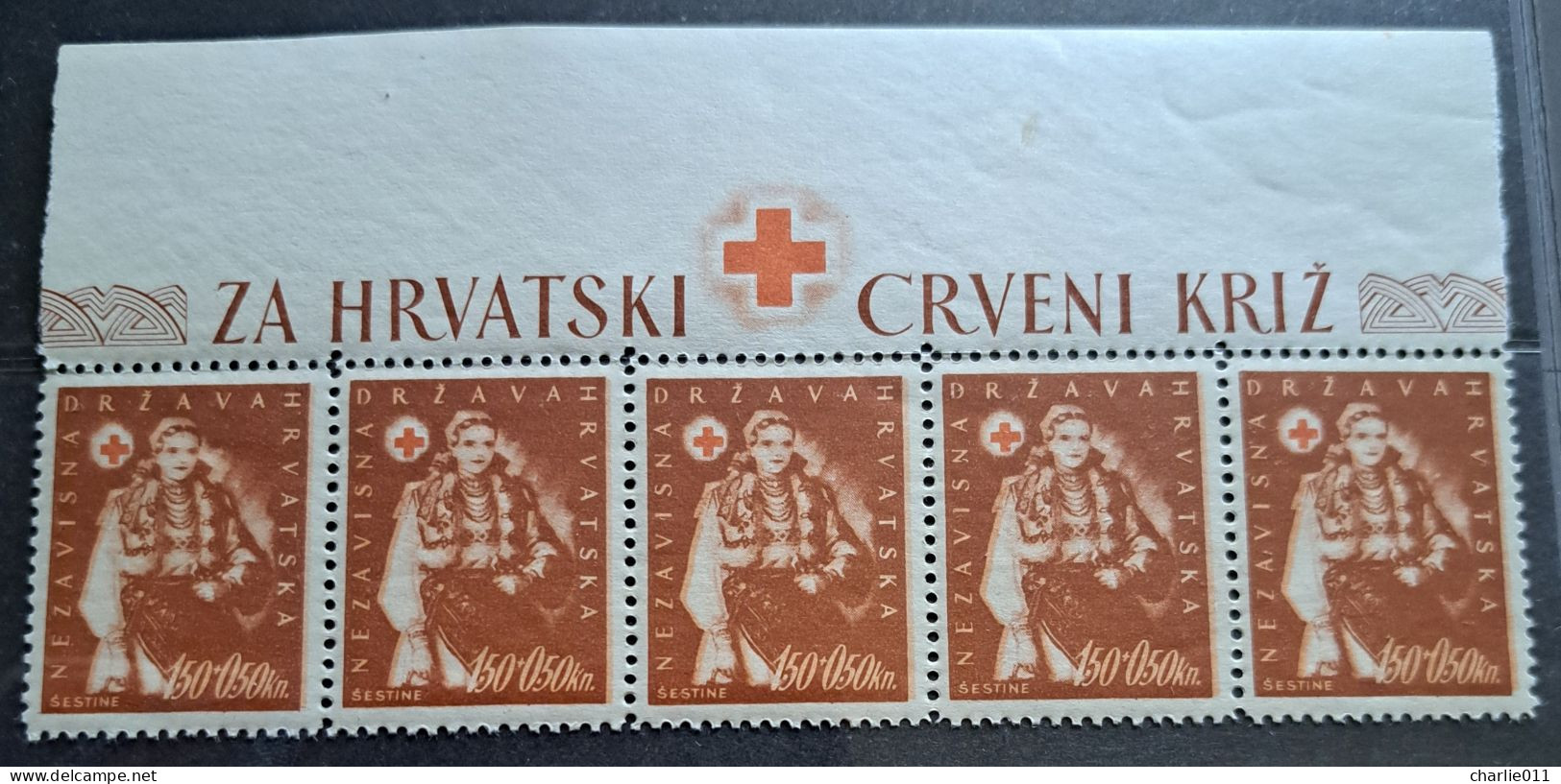 RED CROSS-1.50 + 0.50 K-NATIONAL COSTUMES-ŠESTINE-TOP OF THE SHEETLET-NDH-CROATIA-1942 - Croazia