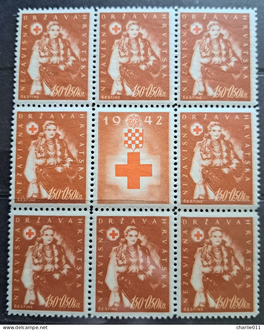 RED CROSS-1.50 + 0.50 K-NATIONAL COSTUMES-ŠESTINE-CENTRE OF THE SHEETLET-NDH-CROATIA-1942 - Croatia