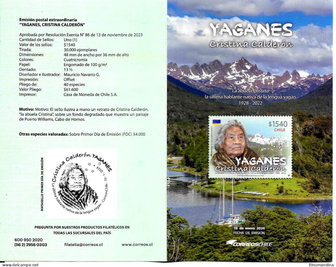 #2646 CHILE 2024 YAGANES NATIVE AUTOCTON WOMEN POST OFFICIAL BROCHURE - Chile