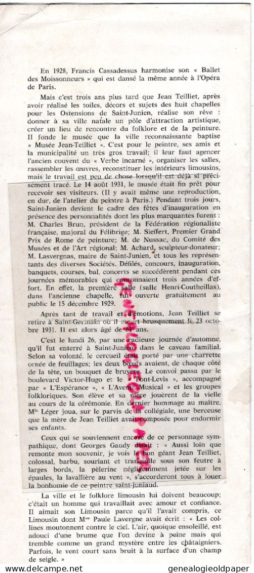 87- ST SAINT JUNIEN-  RARE DOCUMENT CENTENAIRE NAISSANCE  JEAN TEILLIET -1870-1970 -IMPRIMERIE VILLOUTREIX - Historische Documenten