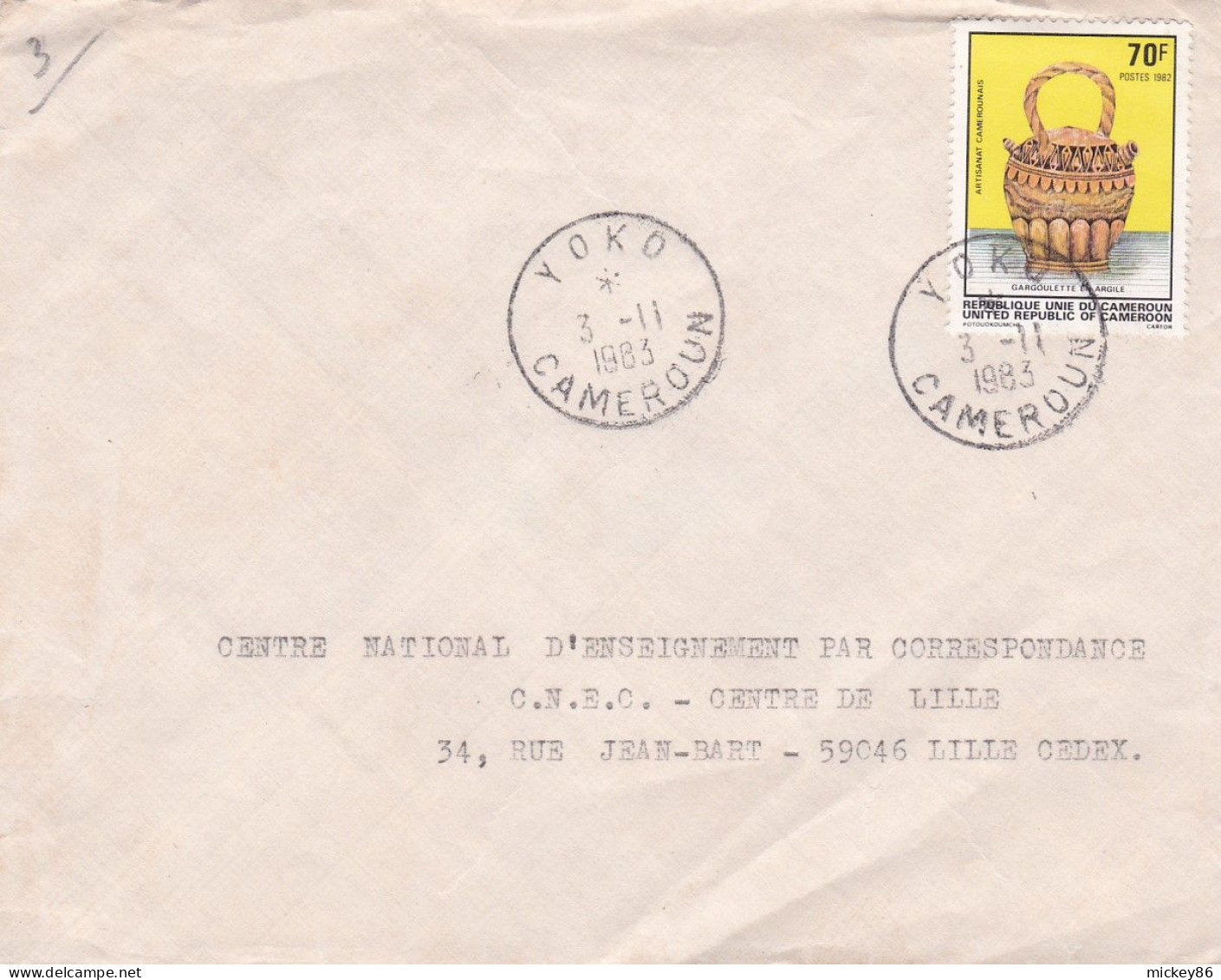 Cameroun-1983-Lettre De YOKO Pour LILLE-59 (France)..timbre (gargouillette En Argile) Seul Sur Lettre...cachet...... - Cameroon (1960-...)