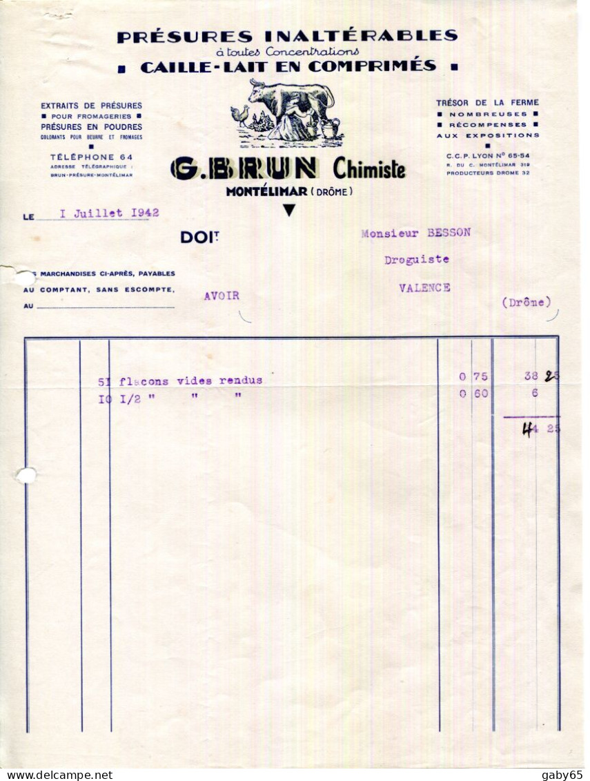 FACTURE.26.DRÔME.MONTELIMAR.PRÉSURES INALTÉRABLES.CAILLE LAIT EN COMPRIMÉS.G.BRUN CHIMISTE. - Drogerie & Parfümerie