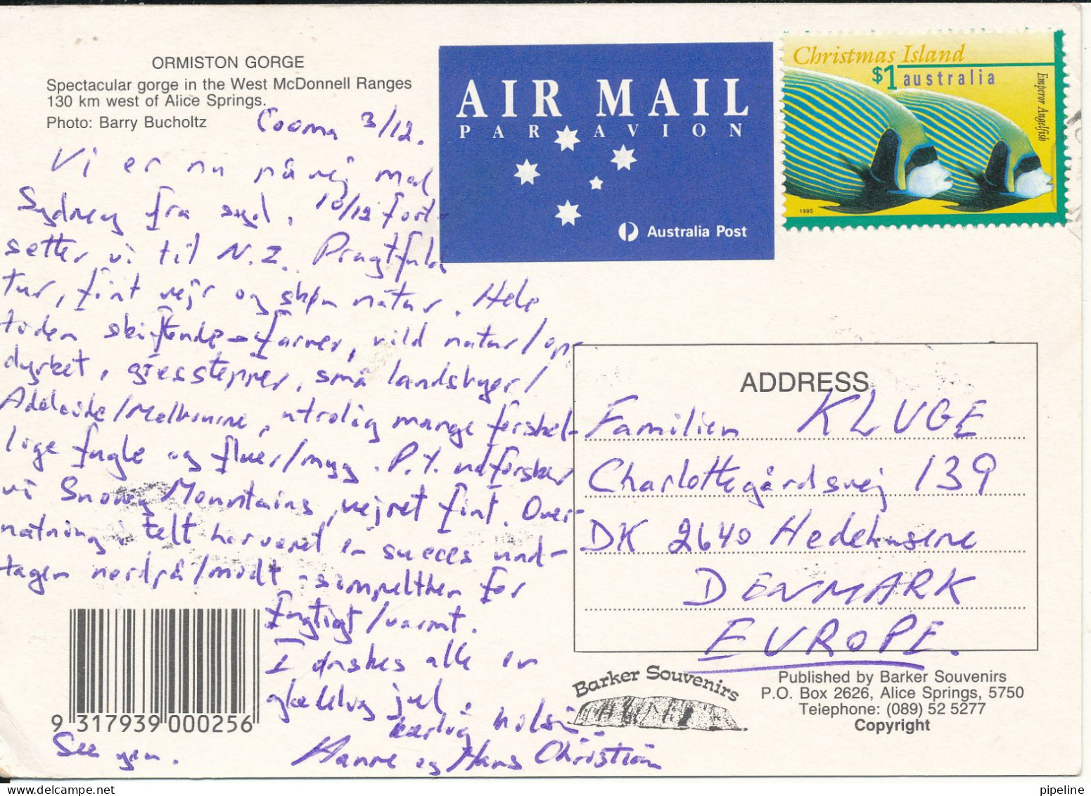 Christmas Island Postcard Sent To Denmark 3-12-1985 (no Postmark) (West McDonnell Ranges) - Islas Christmas