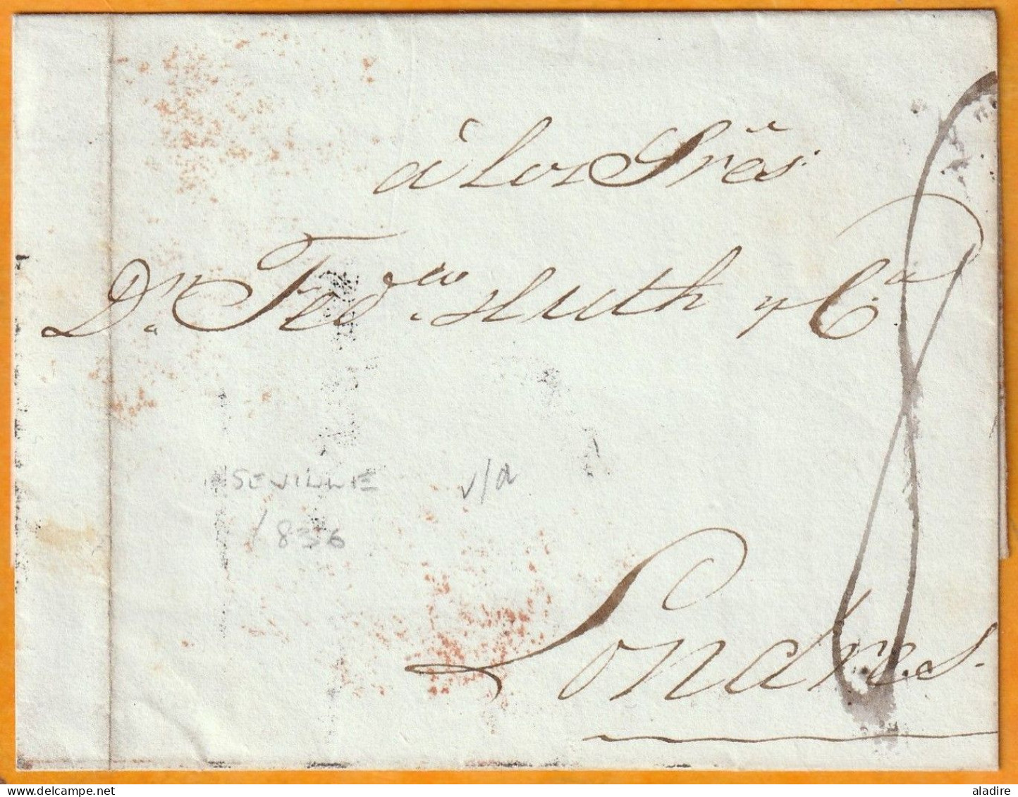 1836 - Enveloppe Pliée De SEVILLA Séville Par Voie Maritime Vers LONDRES London - Ship Letter - ...-1850 Prefilatelia