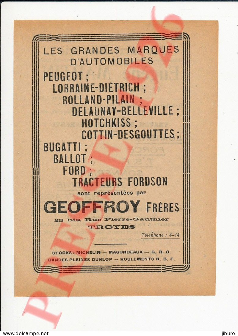 Publicité Geoffroy Troyes Voiture Lorraine-Dietrich Rolland-Pilain Delaunay-Belleville Cottin-Desgouttes Bugatti Ballot - Non Classés