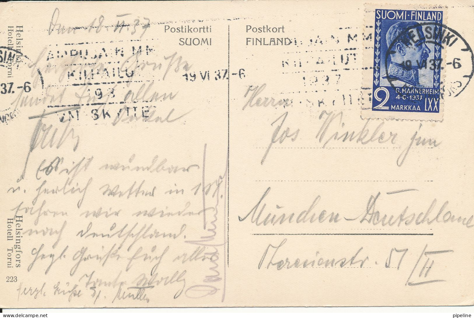 Finland Postcard Sent To Germany Helsinki 19-6-1937 (Hotell TORNI) - Finlandia