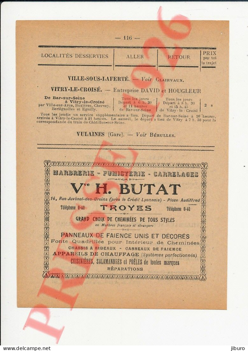 Publicité 1926 Vve H. Butat Marbrerie Carrelages Rue Juvénal-des-Ursins Troyes Vanlay Boillot Hougleur Vitry-le-Croisé - Unclassified