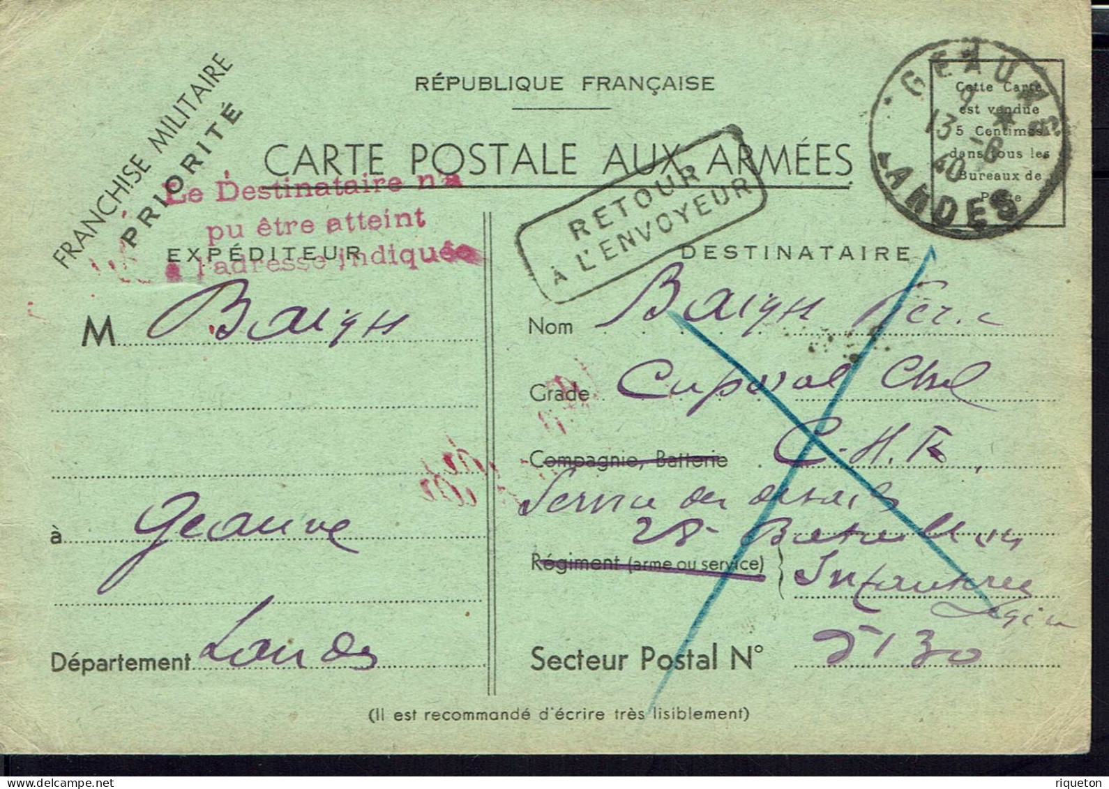 Fr. Carte Postale Aux Armées. Franchise Militaire Priorité. Geaune 13-6-40 Pour Le S. P. 5130. Retour à L'envoyeur. B/TB - Guerre De 1939-45