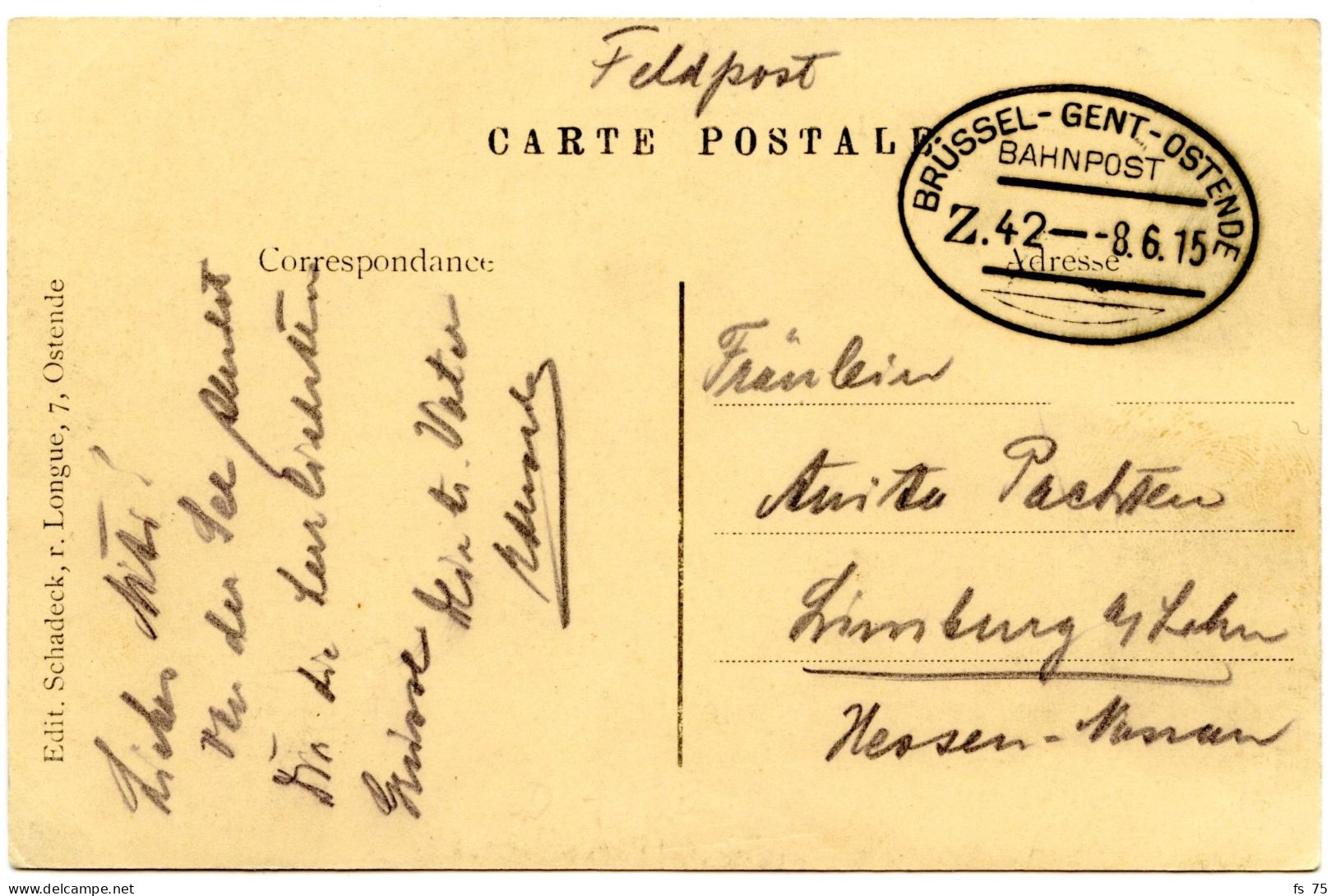 BELGIQUE - AMBULANT BRUSSEL - GENT - OSTENDE SUR CARTE POSTALE, 1915 - Duits Leger