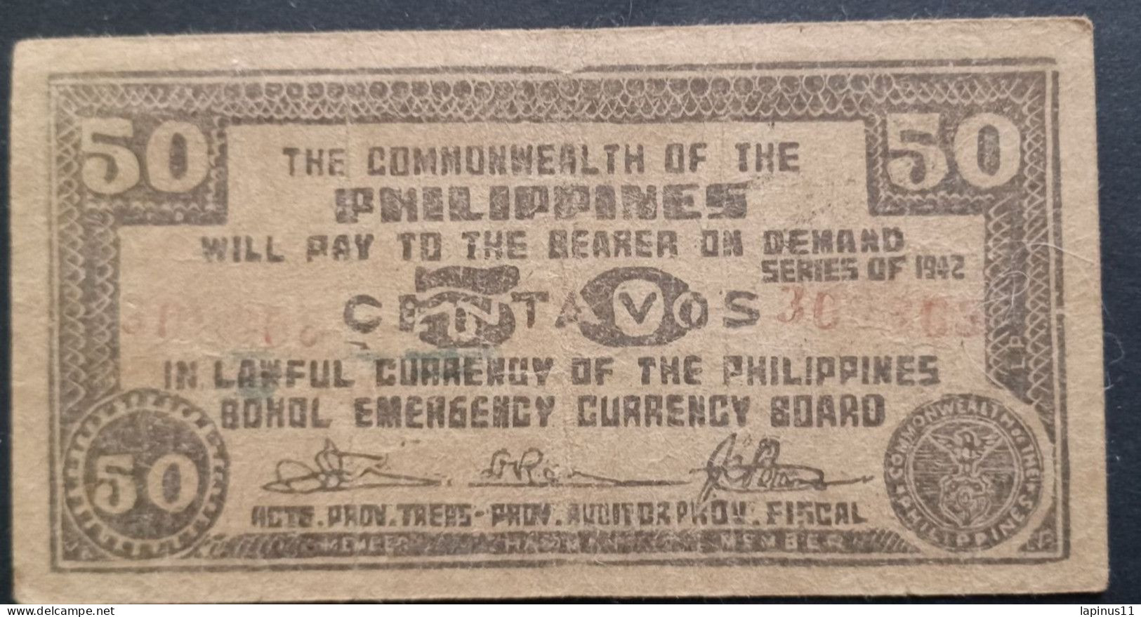 BANKNOTE PHILIPPINES 50 CENTS 1942 Emergency Issue Negros Emergency Currency Board RUNS 401,388 CIRCULATED - Philippines