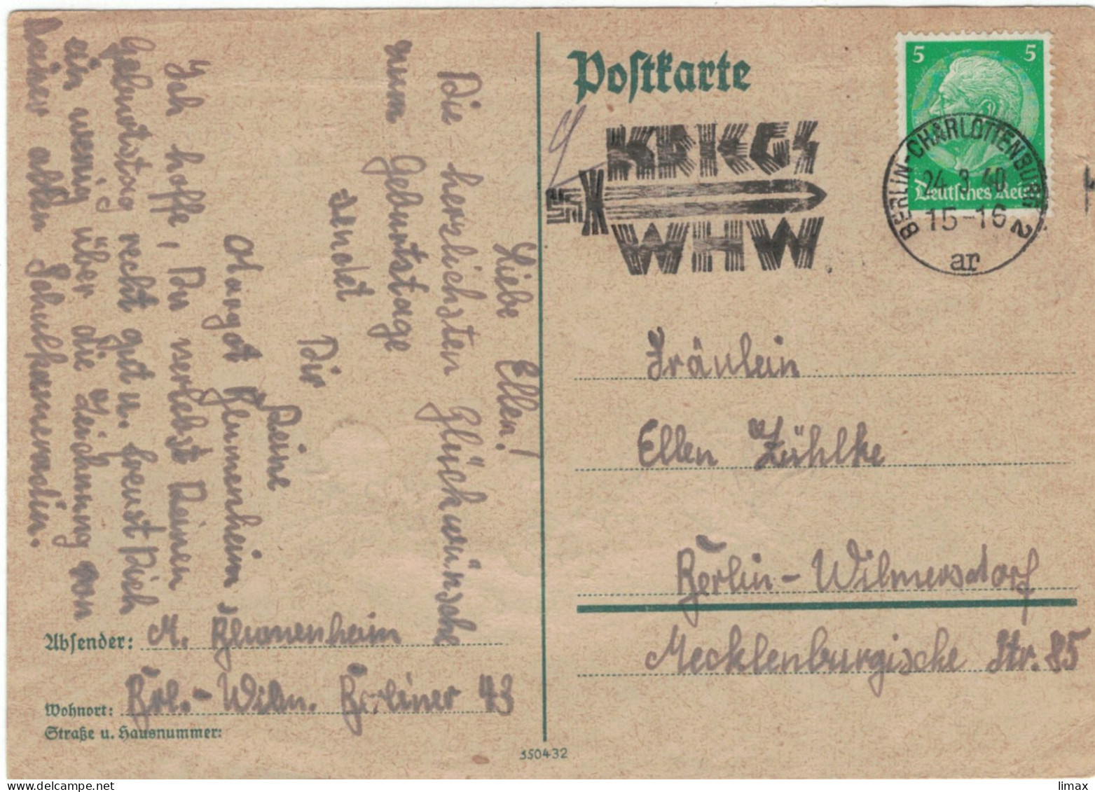 Berlin Charlottenburg 1940 Kriegs WHW - Ortskarte - Lettres & Documents