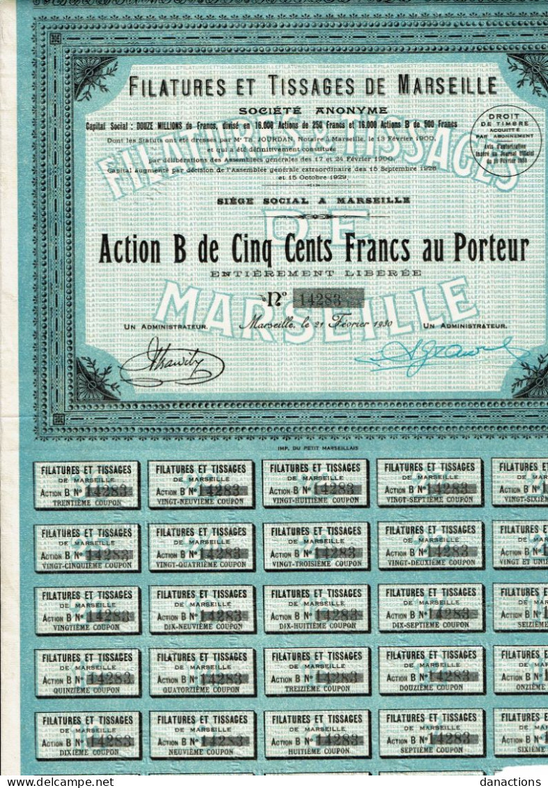 13-FILATURES ET TISSAGES DE MARSEILLE.  1930 - Other & Unclassified