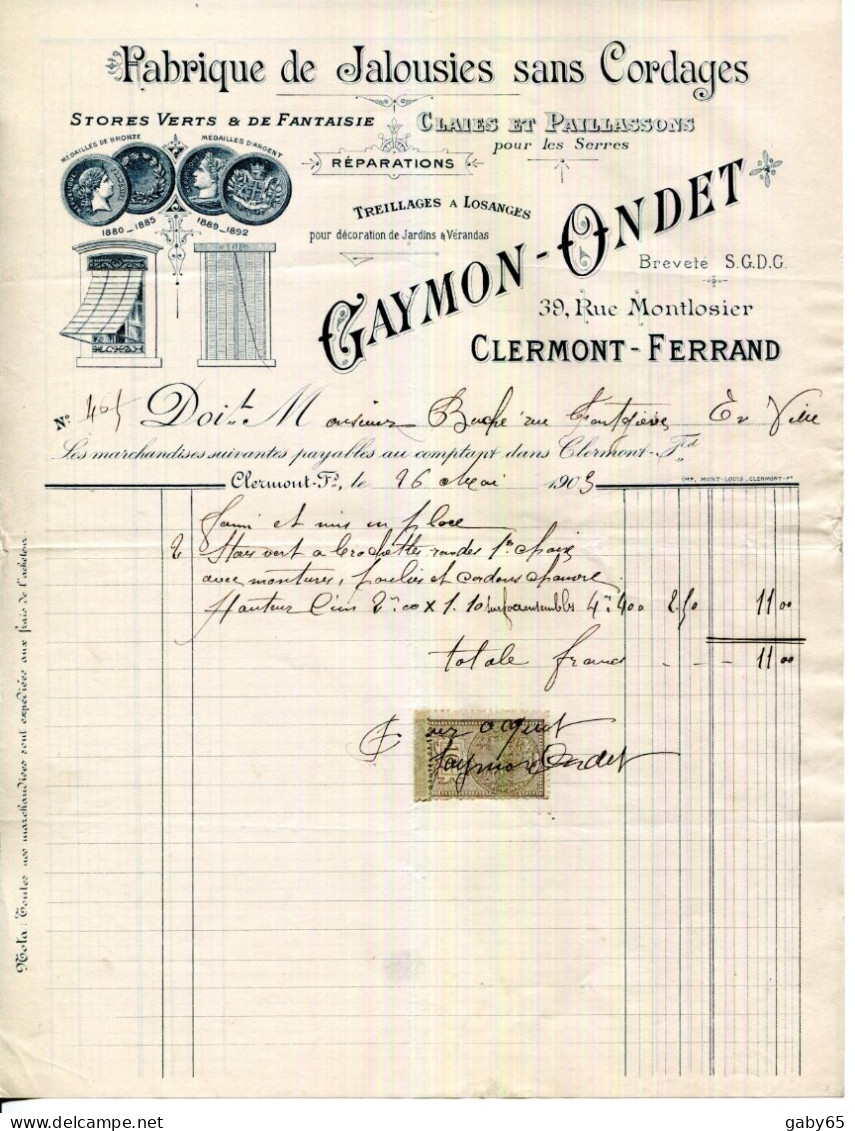 FACTURE.63.CLERMONT FERRAND.FABRIQUE DE JALOUSIES SANS CORDAGES.GAYMON-ONDET 39 RUE MONTLOSIER. - Other & Unclassified