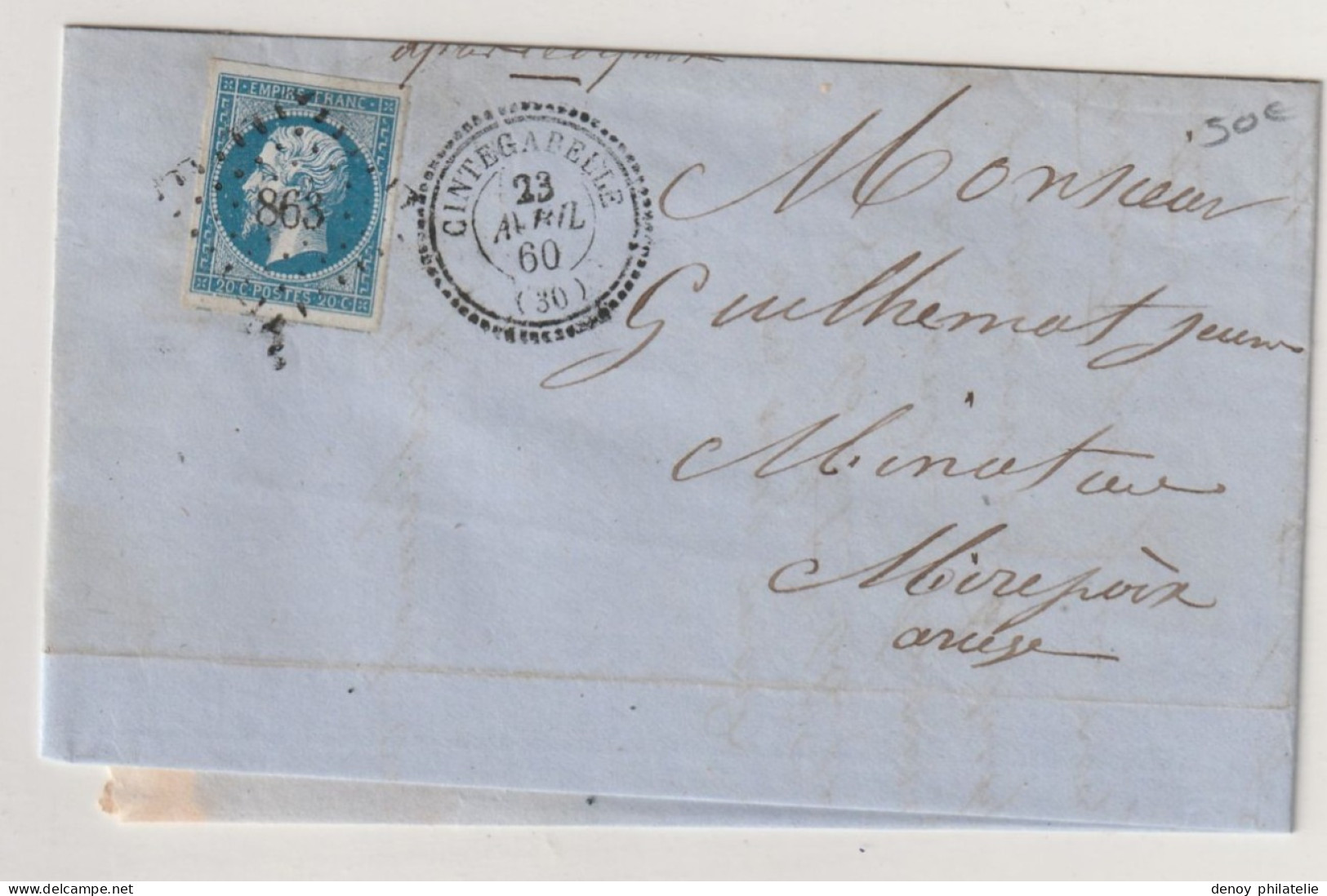 Haute-Garonne, CINTEGABELLE, Cachet 22 Perlé , Pc 863, Enveloppe Superbe Frappe - 1849-1876: Période Classique