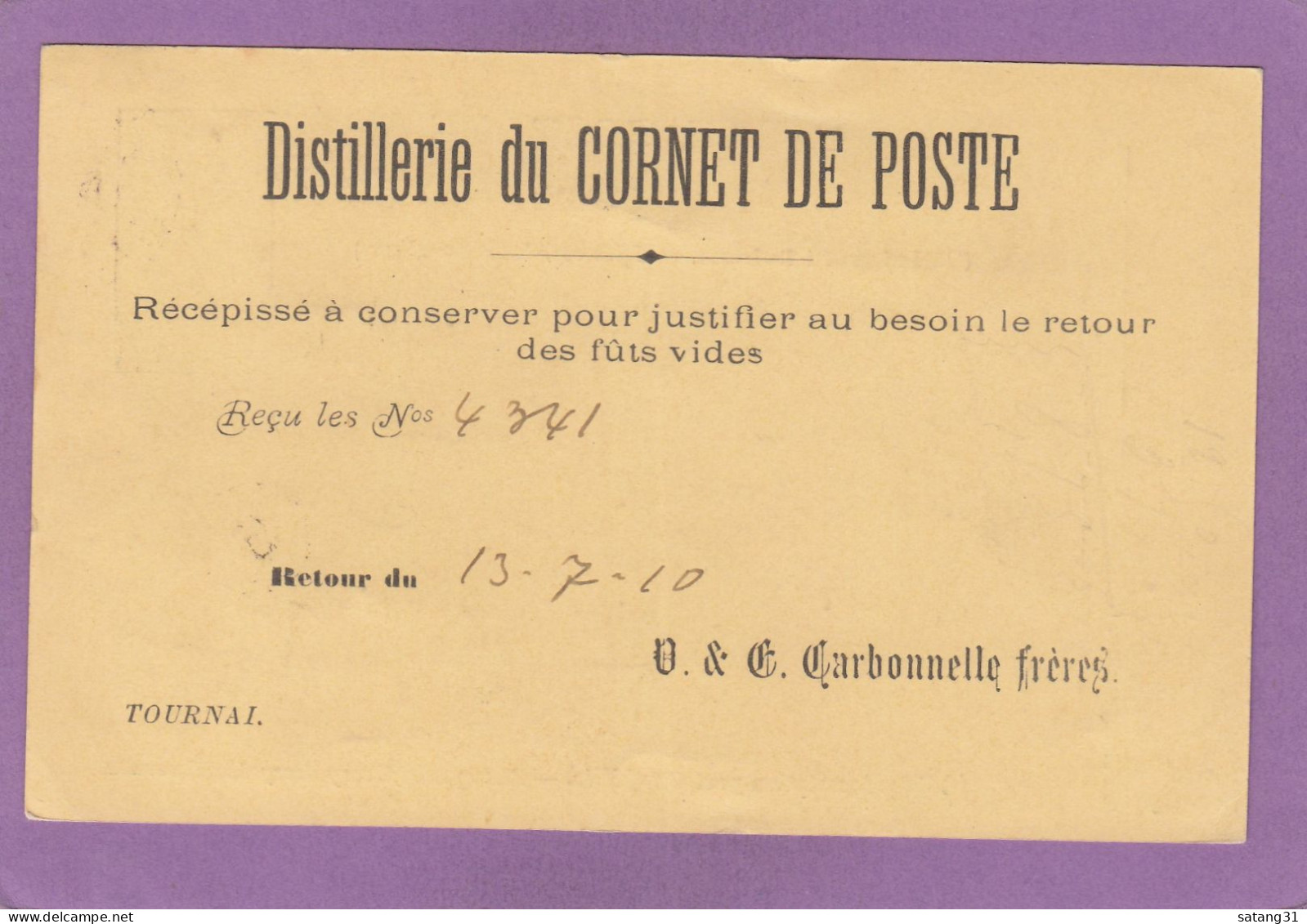 DISTILLERIE DU CORNET DE POSTE,TOURNAI.ENTIER POSTAL POUR ARLON,1910. - Tarjetas 1909-1934