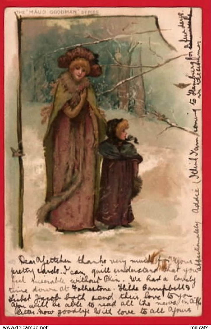    MOTHER + DAUGHTER IN SNOW   CHROMO    RAPHAEL TUCK ART SERIES ART BY MAUD GOODMAN  - Tuck, Raphael