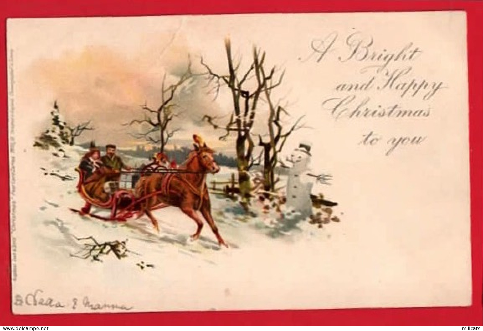HORSE DRAWN SLEIGH  SNOWMAN  CHROMO    RAPHAEL TUCK CHRISTMAS SERIES  - Tuck, Raphael