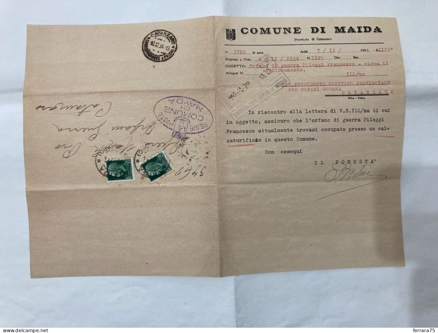 DOCUMENTO STORIA POSTALE ORFANO DI GUERRA CATANZARO VS COMUNE DI MAIDA 1934. - Historical Documents