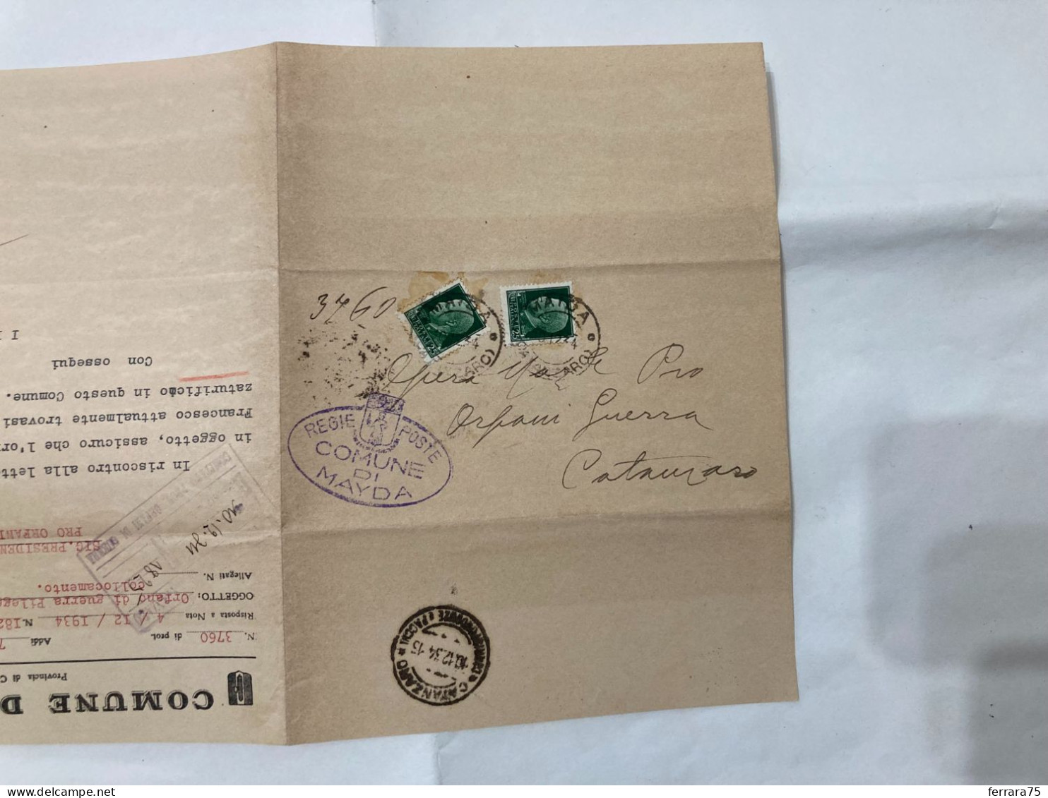 DOCUMENTO STORIA POSTALE ORFANO DI GUERRA CATANZARO VS COMUNE DI MAIDA 1934. - Historical Documents