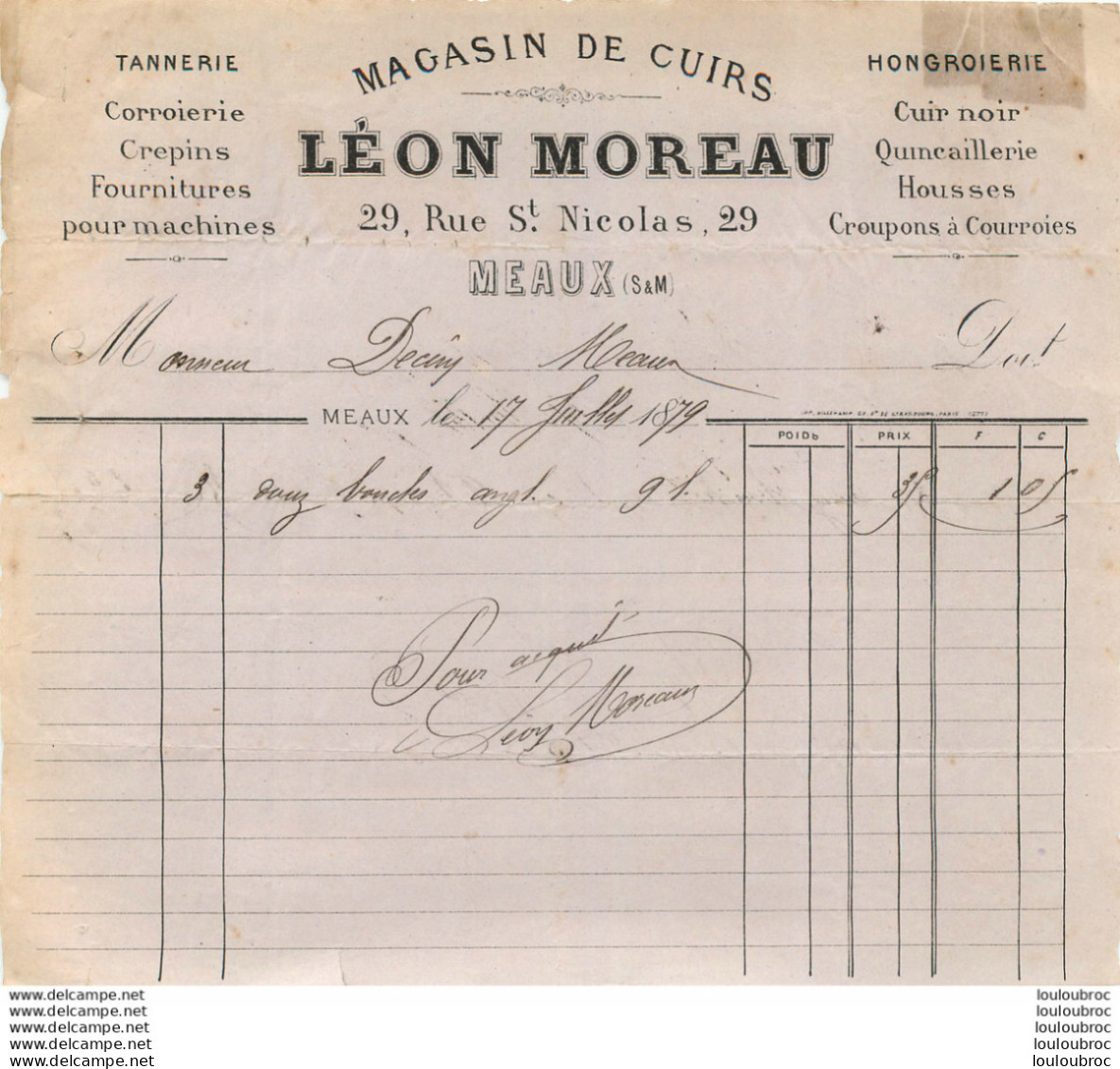 MEAUX 1879 LEON MOREAU MAGASIN DE CUIRS 29 RUE SAINT NICOLAS - 1800 – 1899