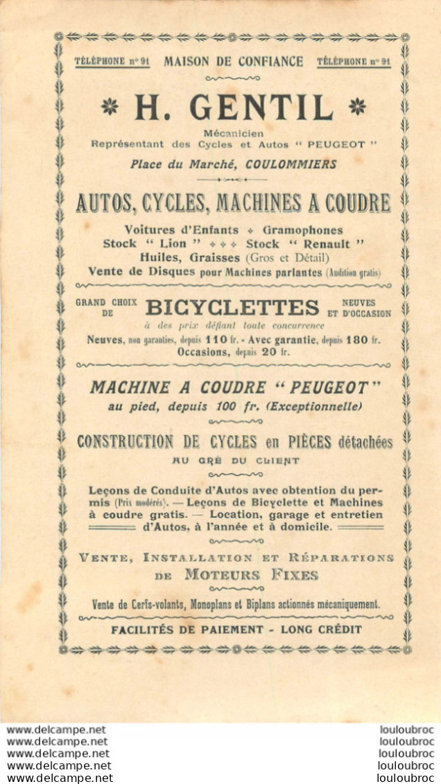 COULOMMIERS  PLACE DU MARCHE H. GENTIL AUTOS CYCLES MACHINES A COUDRE - 1900 – 1949