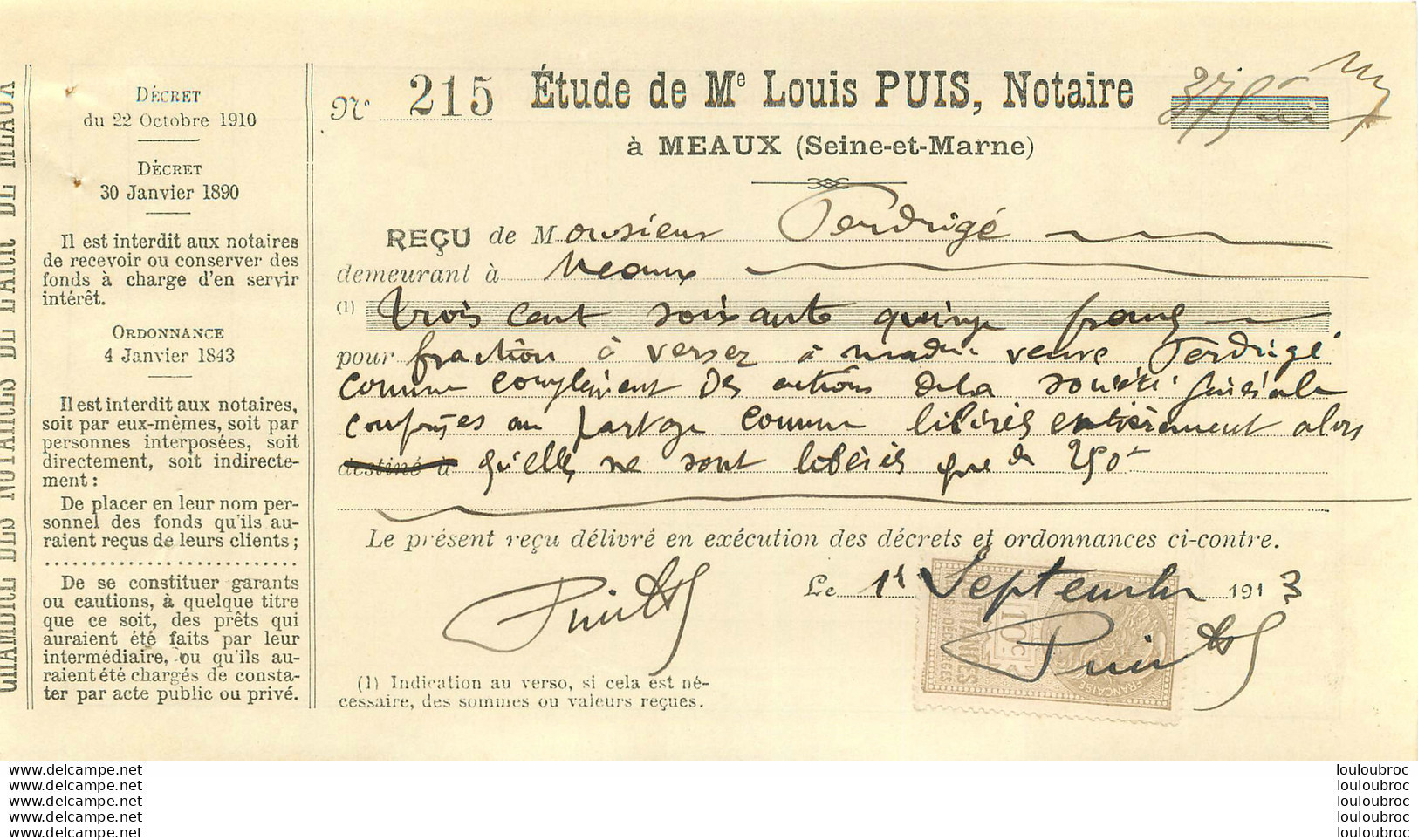 MEAUX 1913 ETUDE DE MAITRE LOUIS PUIS NOTAIRE - 1900 – 1949