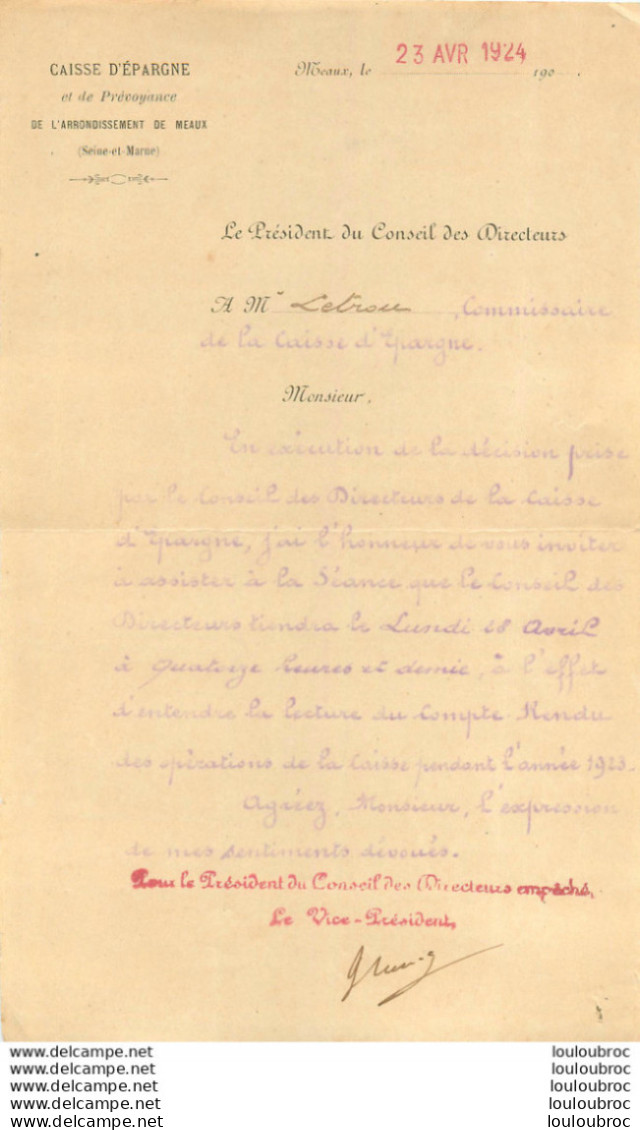 MEAUX CAISSE D'EPARGNE 1924  CONVOCATION SIGNEE DU VICE PRESIDENT - 1900 – 1949