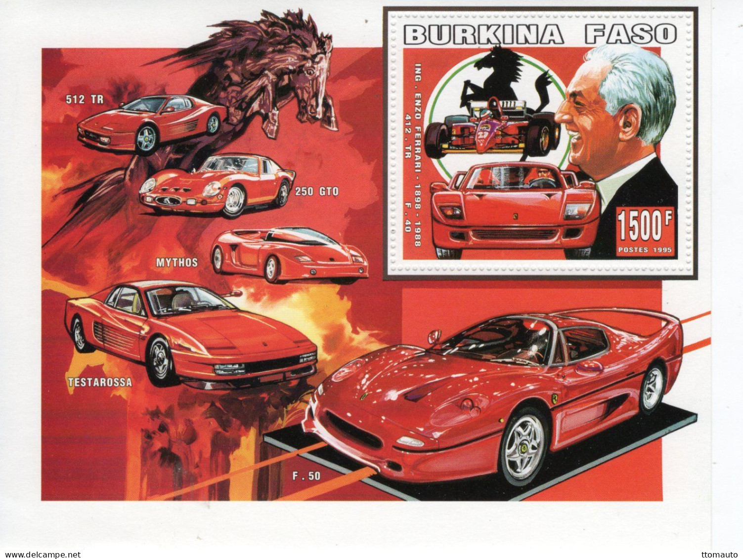 Burkina Faso 1995 - Enzo Ferrari- 512TR-250 GTO-Mythos-Testarossa- F50 - 1v MS Mint/New/MNH - Voitures