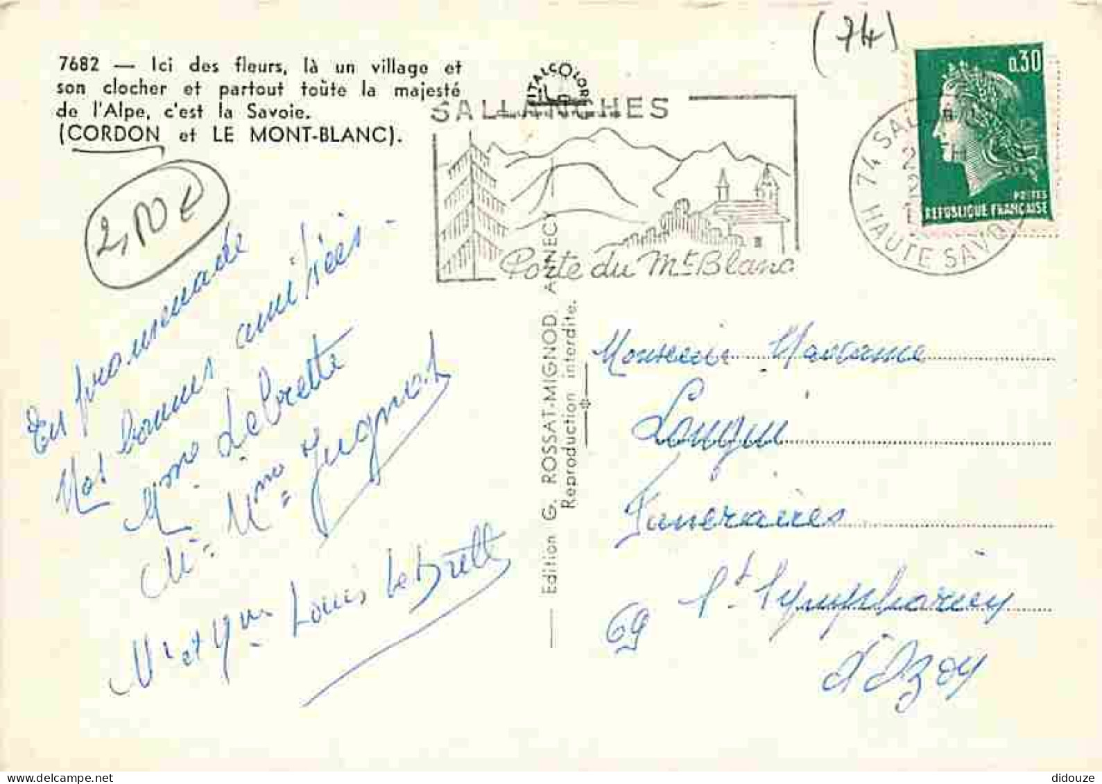 74 - Cordon - Vue Générale - L'Eglise Avec Son Clocher  à Bulbe - Fleurs - Le Mont Blanc - Flamme Postale - CPM - Voir S - Other & Unclassified