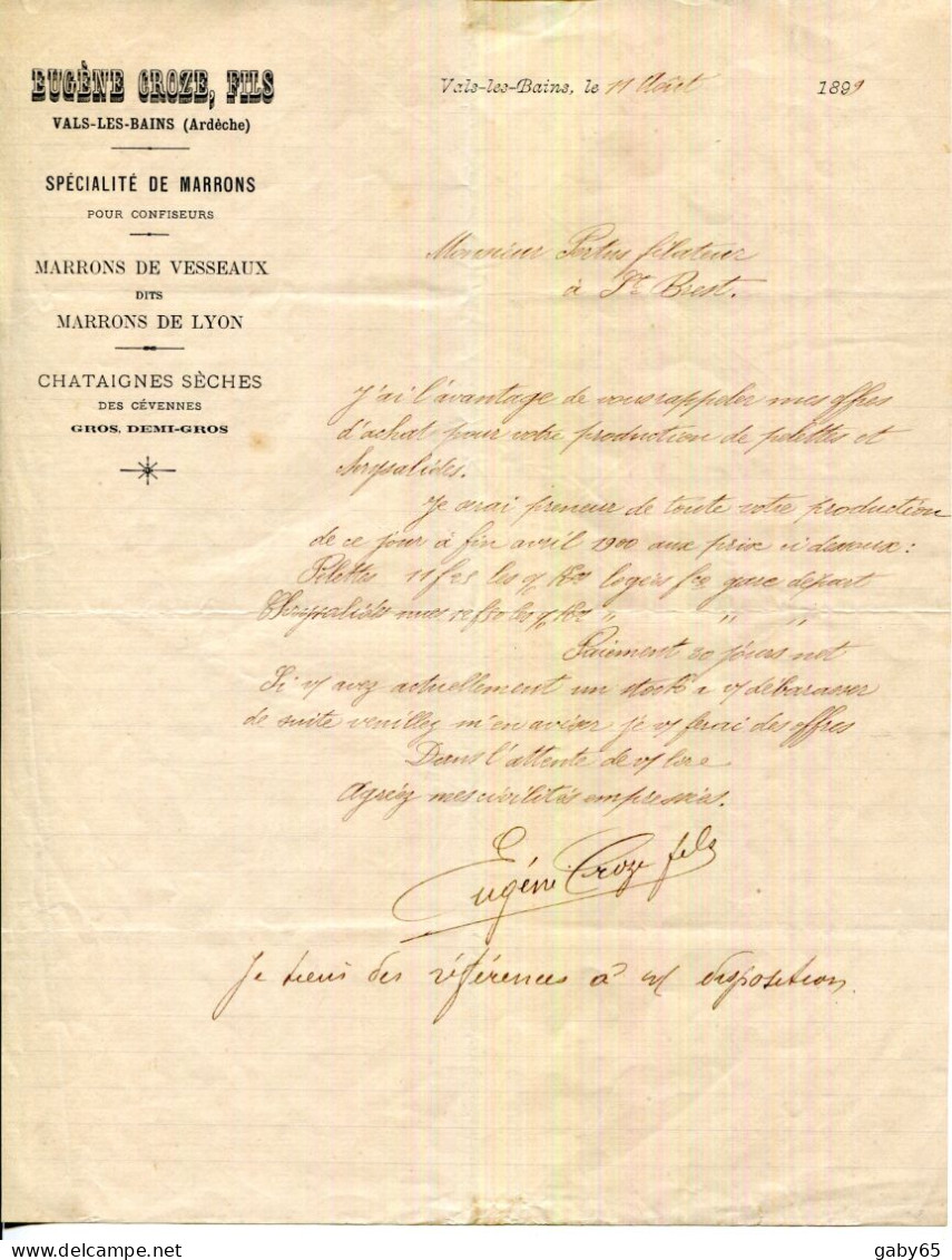 FACTURE.07.ARDECHE.VALS.MARRONS POUR CONFISEURS.MARRONS DE VESSEAUX.CHATAIGNES SÈCHES.EUGÈNE CROZE FILS. - Food