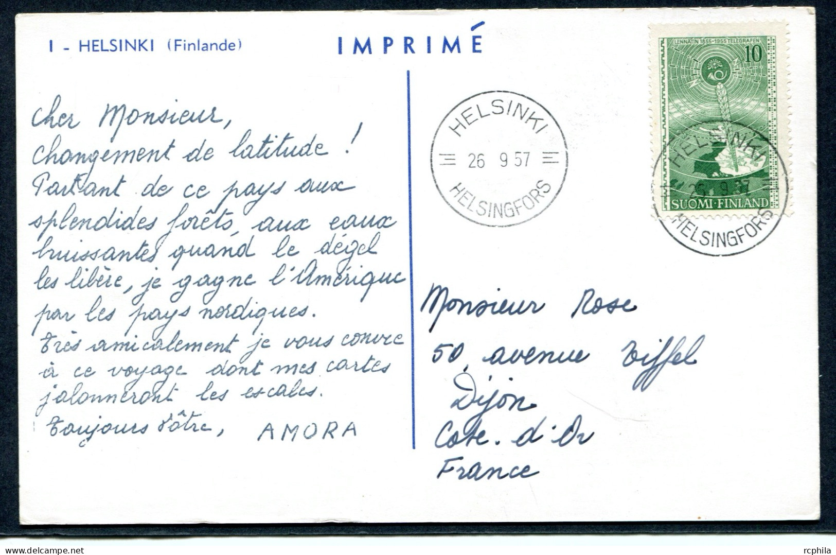 RC 27341 FINLANDE 1957 CROISIERE AMORA CARTE PUBLICITAIRE POUR DIJON COTE D'OR FRANCE - Lettres & Documents