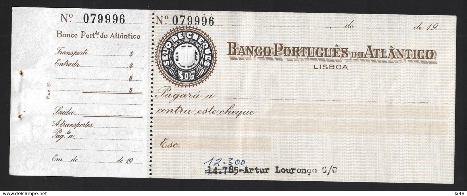 Check From BPA Banco Português Do Atlântico, Lisbon. Embossed $05 Check Stamp. Scheck Von BPA Banco Português Do Atlânti - Assegni & Assegni Di Viaggio