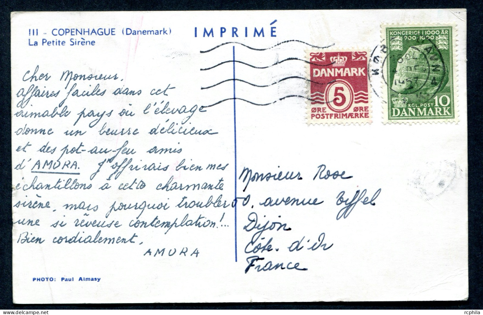 RC 27343 DANEMARK 1957 CROISIERE AMORA CARTE PUBLICITAIRE POUR DIJON COTE D'OR FRANCE - Brieven En Documenten