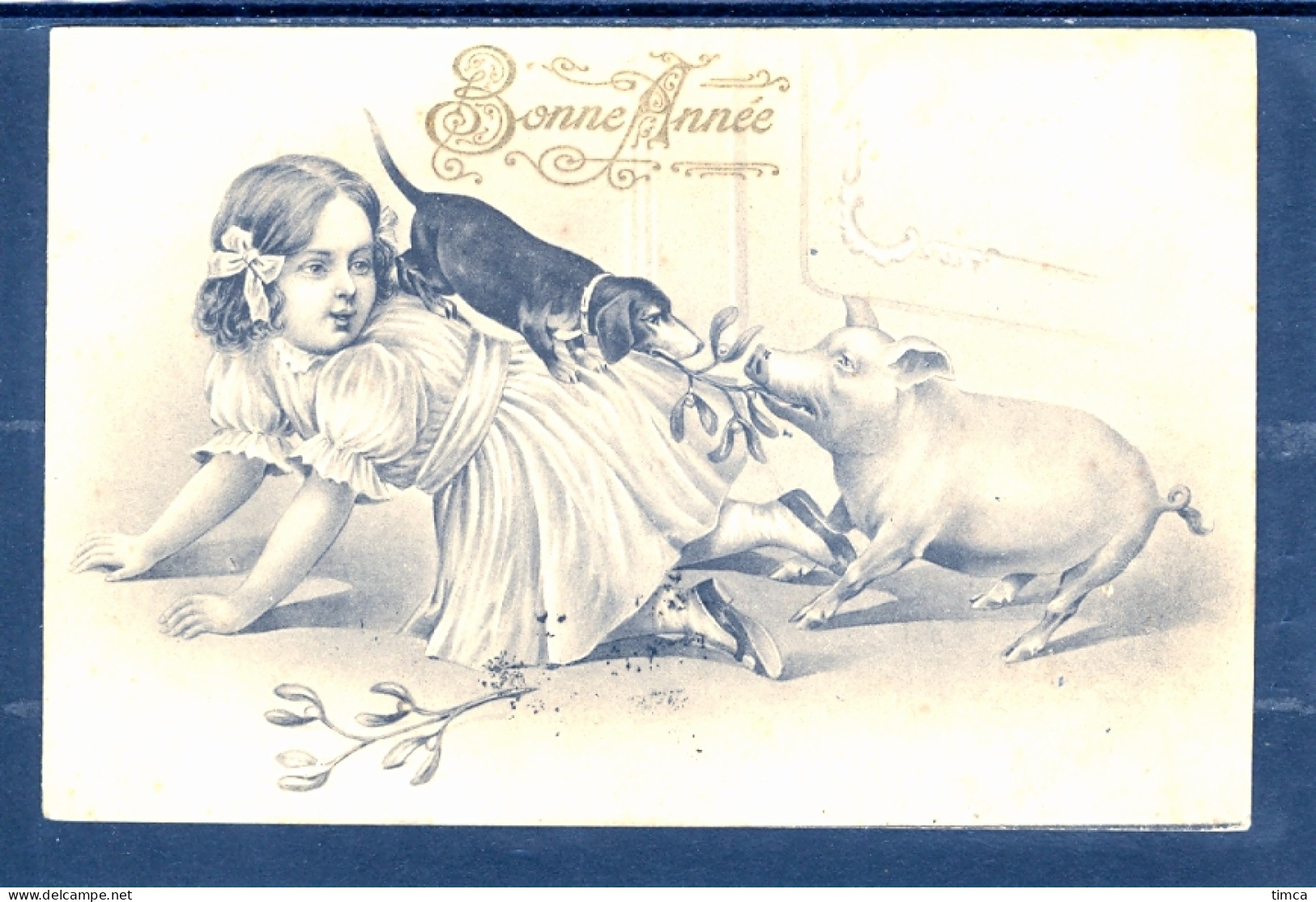 19012 Fillette Avec Chien Teckel (Dachshund) Sur Son Dos Se Disputant Une Brache De Gui Avec Un Cochon - Dogs