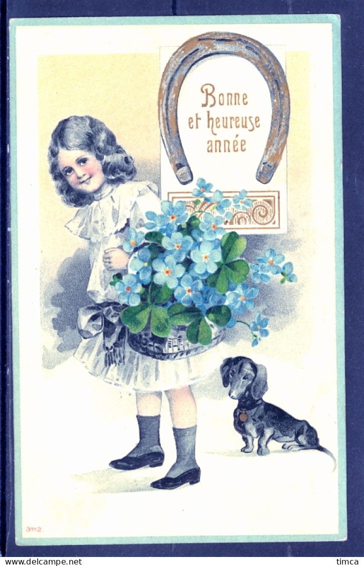 19034  Fillette Avec Bouquet Et Chien Teckel (Dachshund) - Belle Carte De Bonne Année Gauffrée - Dogs