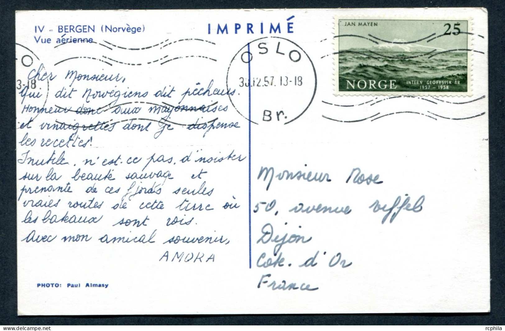 RC 27344 NORVEGE 1957 CROISIERE AMORA CARTE PUBLICITAIRE POUR DIJON COTE D'OR FRANCE - Covers & Documents