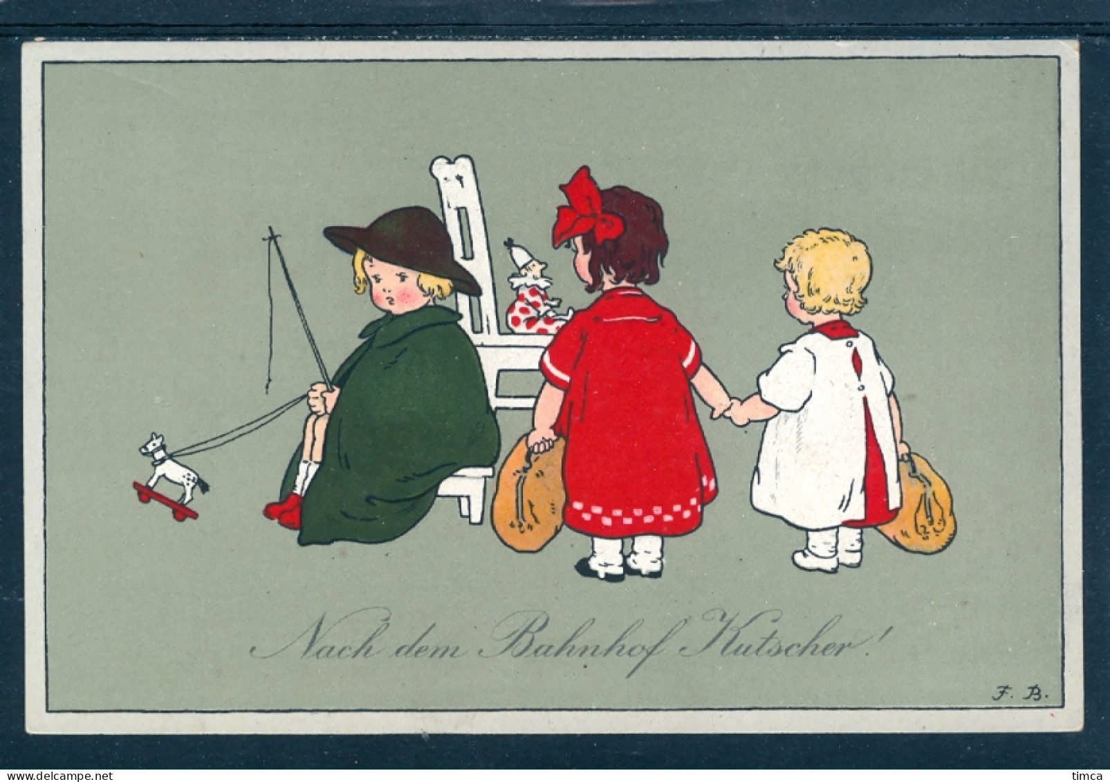 19056 Signé F.B. (1883 – 1966) - Trois Enfants Avec Cheval En Bois Et Un Clown Sur Une Chaise (MB) -  Série 2535 - Baumgarten, F.