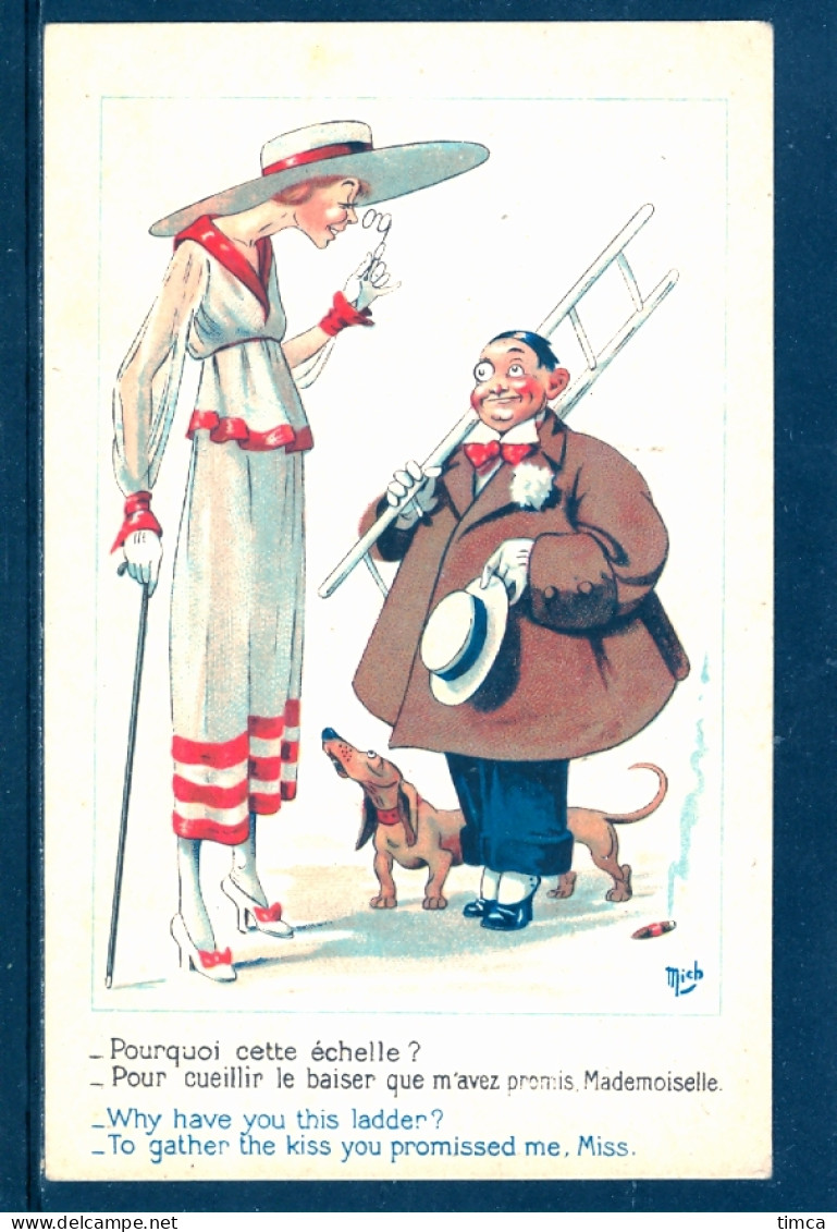 19072 Mich - Illustrateur - Charmante Demoiselle, Petit Bonhomme Et Chien Teckel : Pourquoi Cette échelle ? - Mich