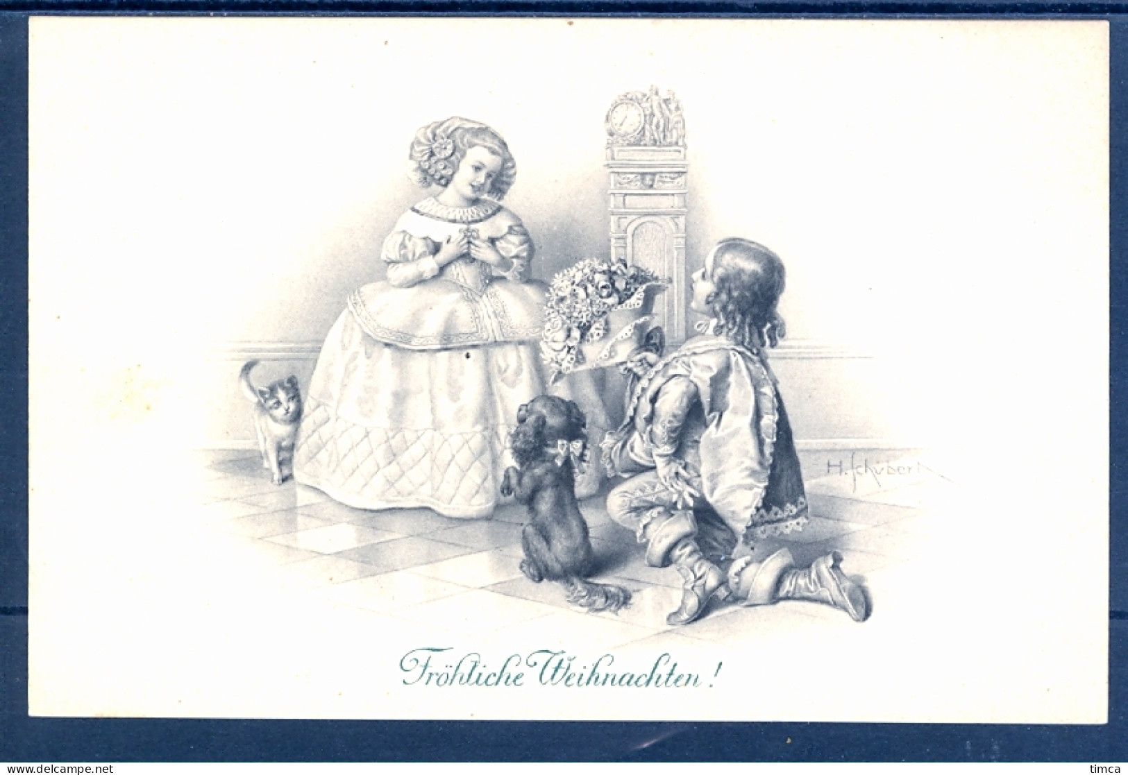 19076 Schubert, Illustrateur - Jeun Garçon Faisant La Cour à Une Petite Demoiselle - Chien - Chat - Schubert