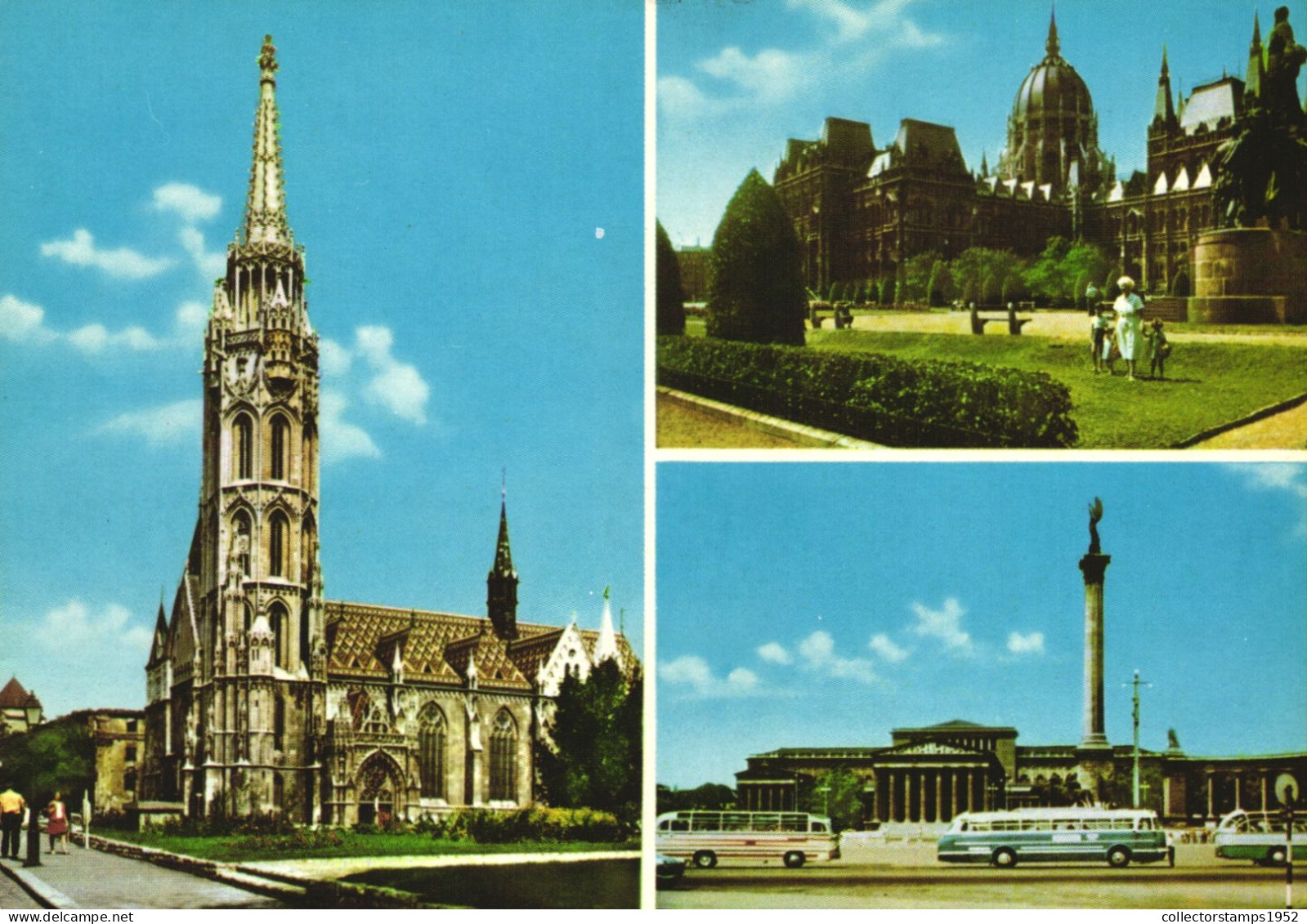 BUDAPEST, MULTIPLE VIEWS, CHURCH, BUS, PARK, MONUMENT, STATUE, HUNGARY, POSTCARD - Hongrie