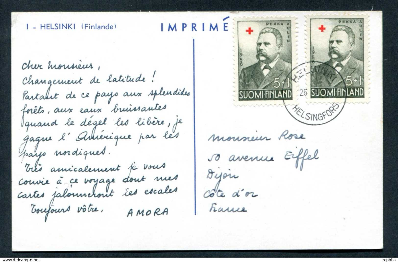 RC 27345 FINLANDE 1957 CROISIERE AMORA CARTE PUBLICITAIRE POUR DIJON COTE D'OR FRANCE - Cartas & Documentos